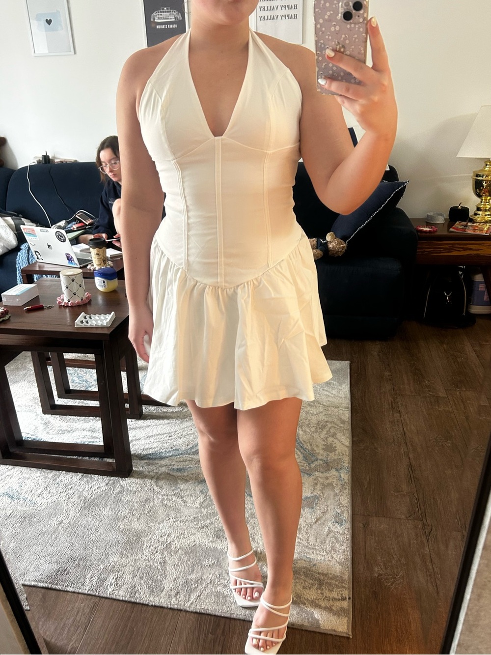 White Halter Ruffle Mini Dress - Picture 2 of 4